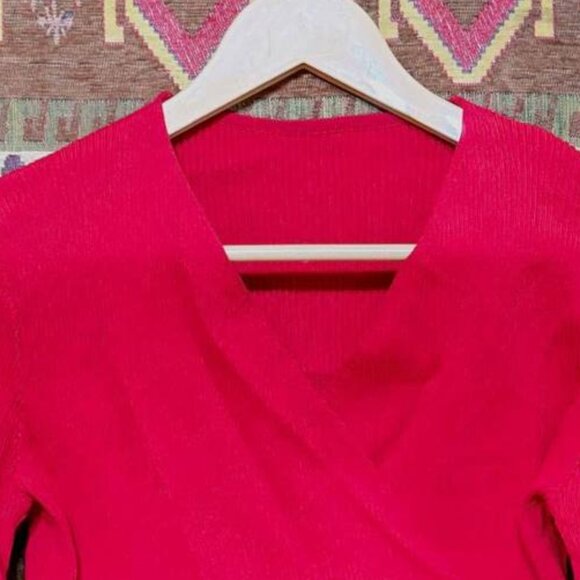 Red Ribbed Puff Sleeve Wrap Sweater - Picture 3 of 3